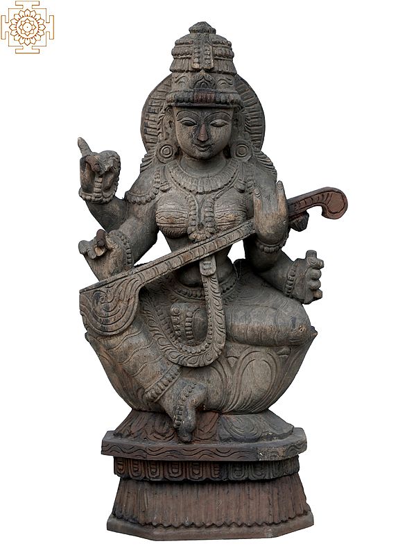 25" Devi Saraswati Wooden Statue Playing Sitar | Hindu Goddess Idols