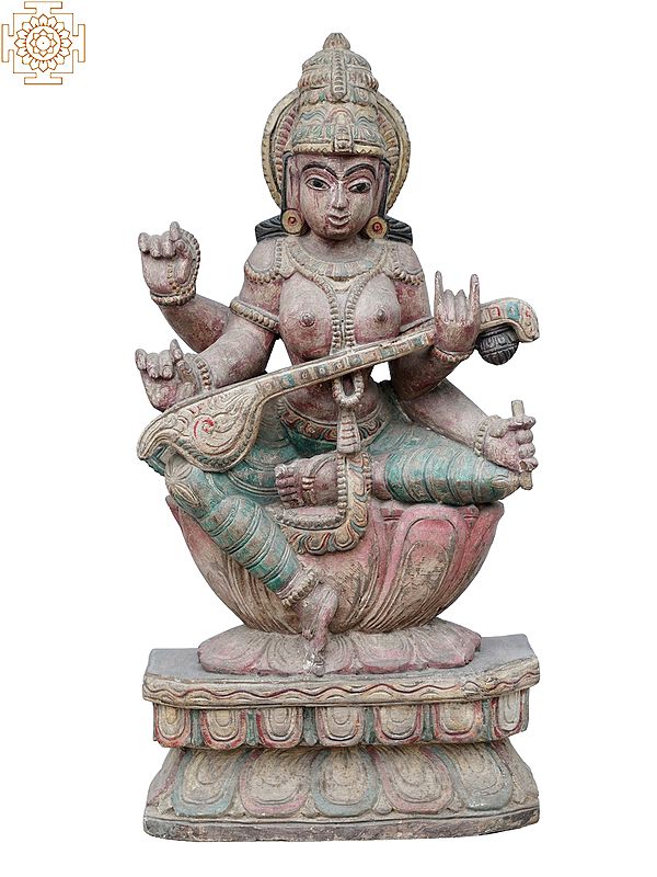 25" Goddess Saraswati Idol Playing Sitar | Wooden Statue of Hindu Deities