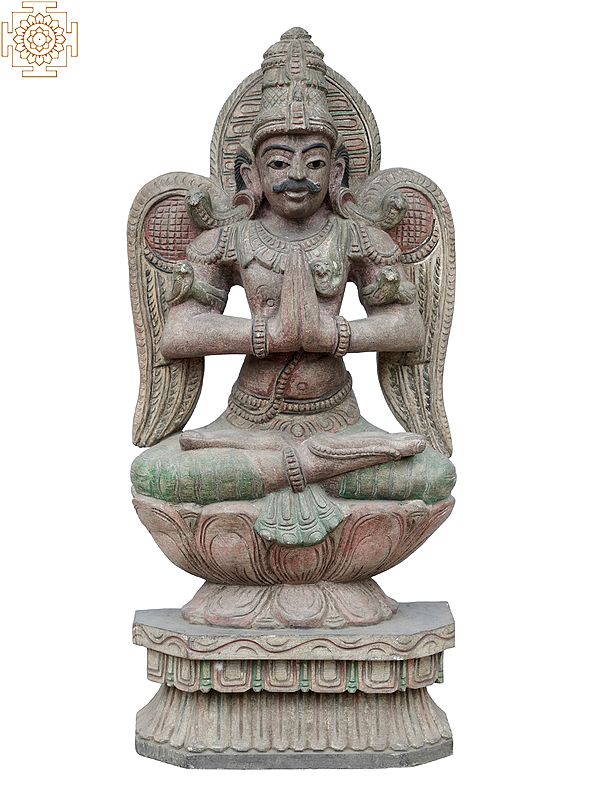 24" Lord Garuda On Lotus | Wooden Statue