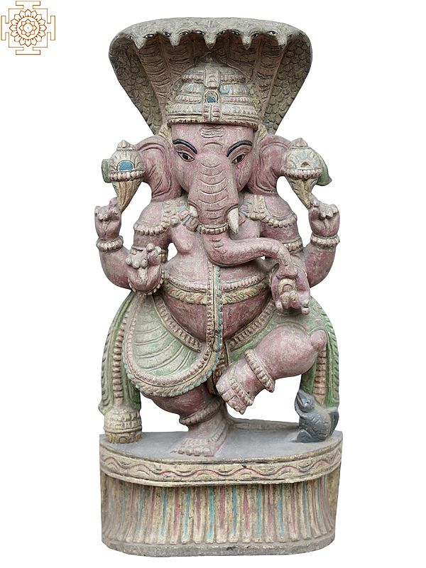 25" Dancing Ganesh Wooden Statue with Sheshnag