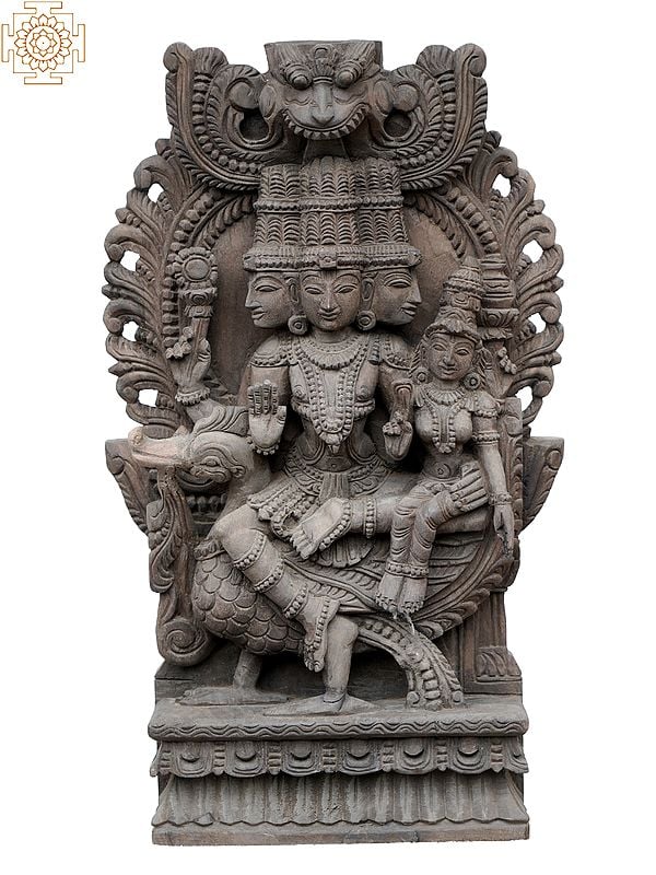24" Lord Brahma Statue with Goddess Saraswati on Hamsa | Wooden Sculpture
