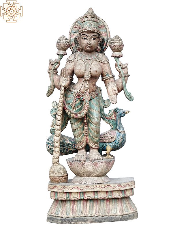 25" Goddess Lakshmi Standing with Peacock | Wooden Statue