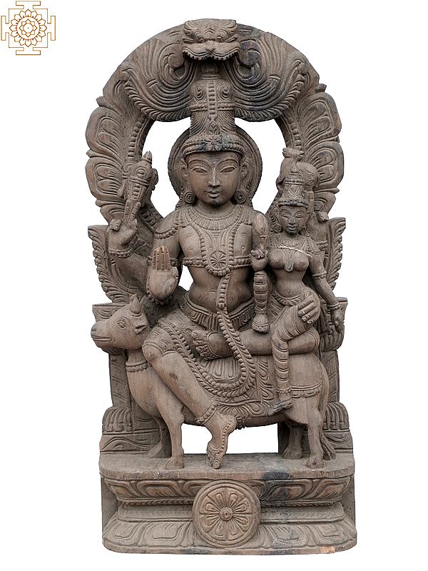 24" God Shiva Parvathi Idol on Nandi | Wooden Statue