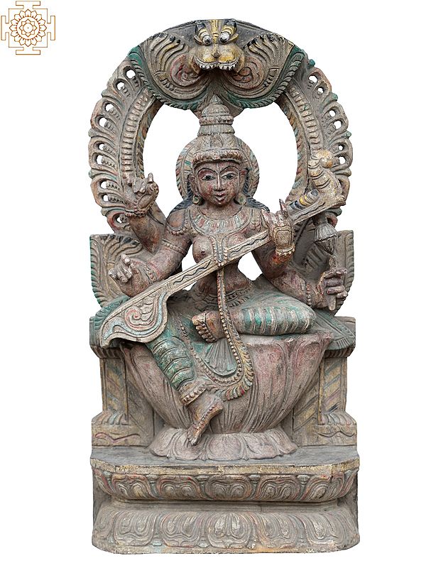 24" Wooden Goddess Saraswati Statue