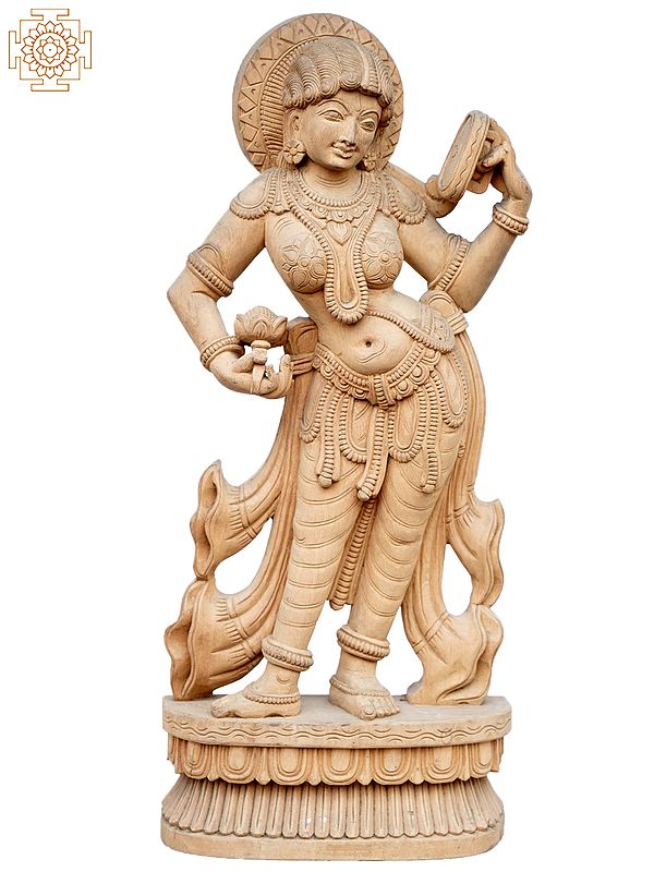 24" Wooden Statue of Apsara with Mirror | Darpana Sundari Idol