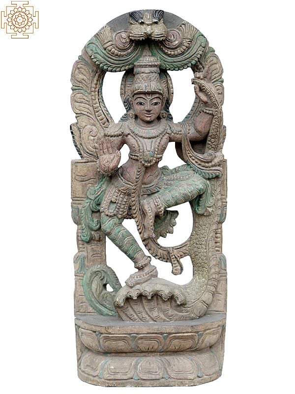 24" Lord Krishna Idol Dancing on Kaliya Naag | Wooden Statue