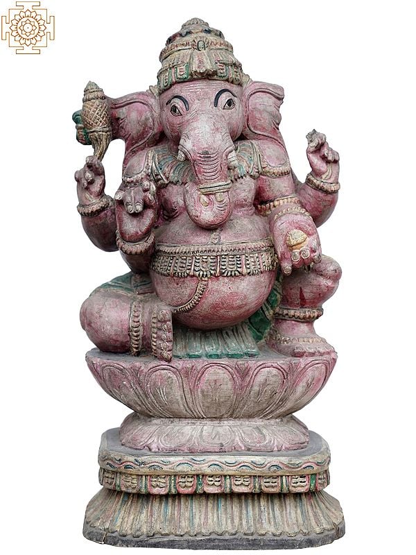 24" Lord Ganesha Idol on Lotus | Wooden Statue