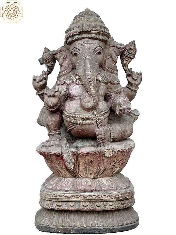 25" Wooden Sculpture of Lord Ganesha Seated on Lotus