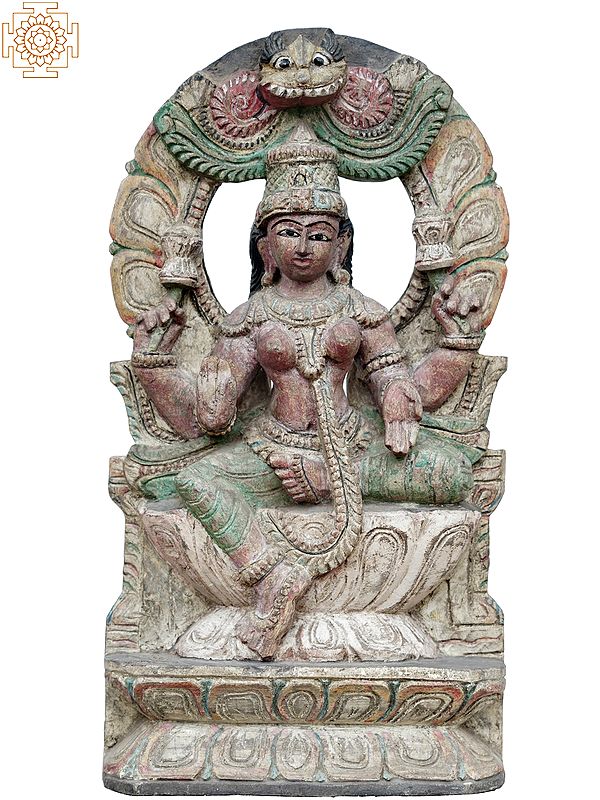 18" Goddess Lakshmi Wooden Statue on Lotus