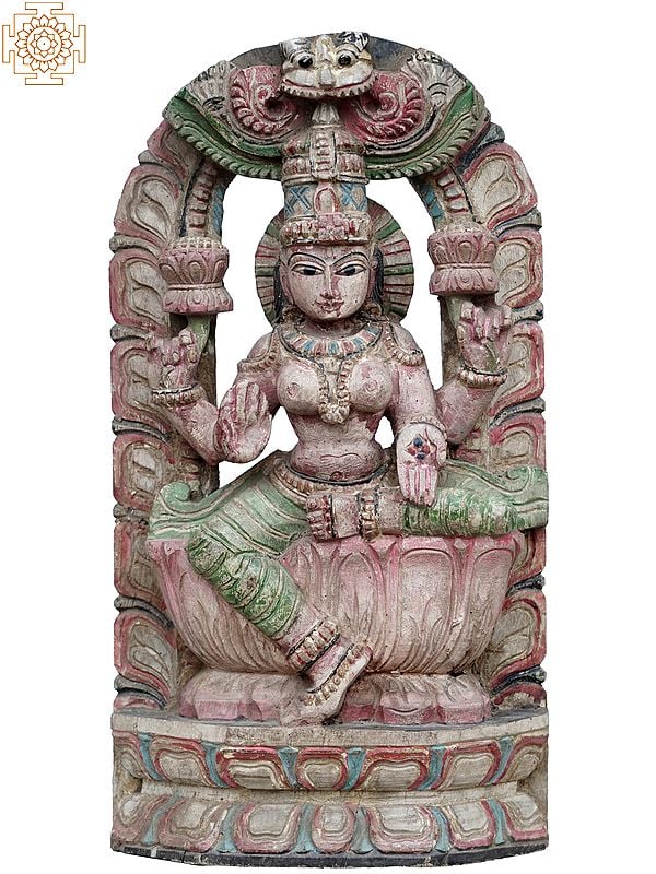 18" Goddess Lakshmi Wooden Sculpture Seated on Lotus