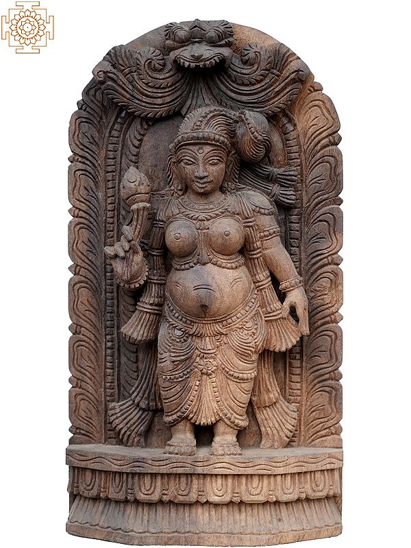 18" Wooden Statue of Nair Lady from Kerala with Lotus