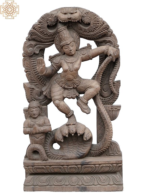 18" Lord Krishna Wooden Statue Dancing on Kaliya Naag