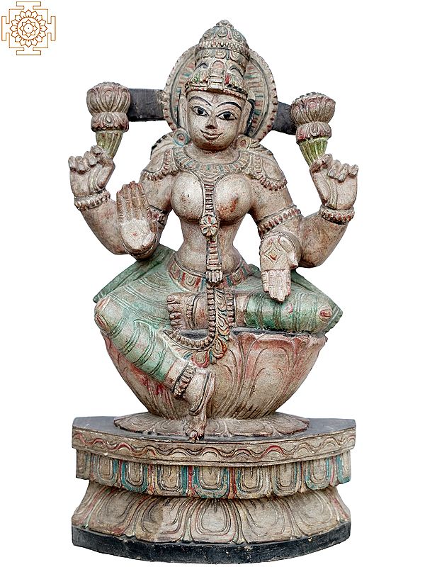 17" Goddess Lakshmi Idol on Lotus | Wooden Statue