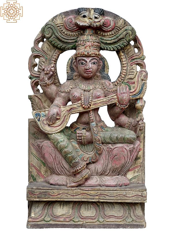 18" Goddess Saraswati Wooden Statue Playing Sitar on Lotus
