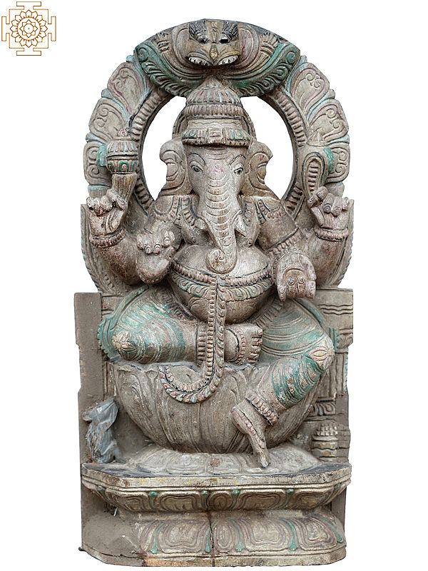 18" Lord Ganesha Wooden Statue on Lotus