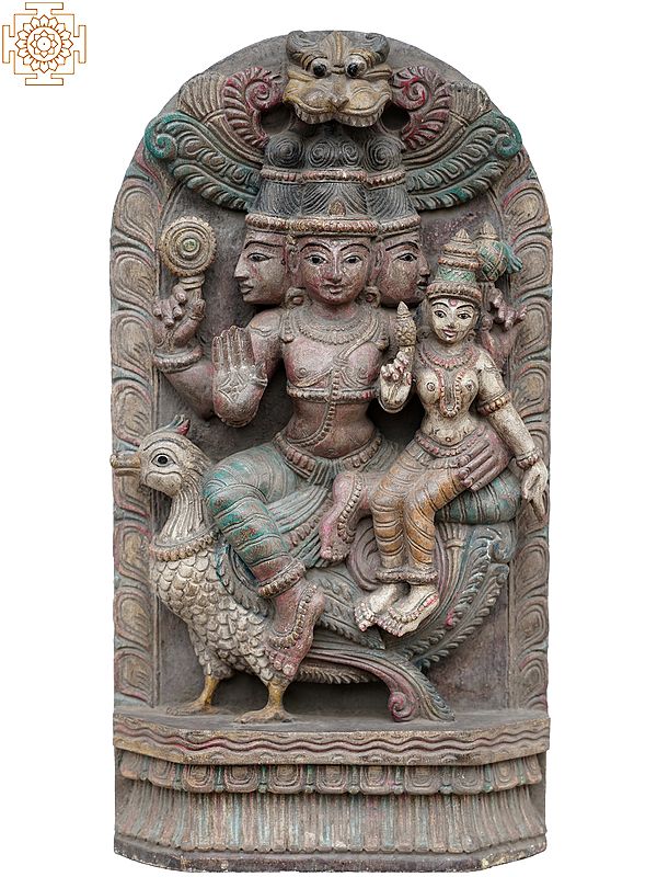 18" Wooden Lord Brahma and Saraswati Idol on Hamsa