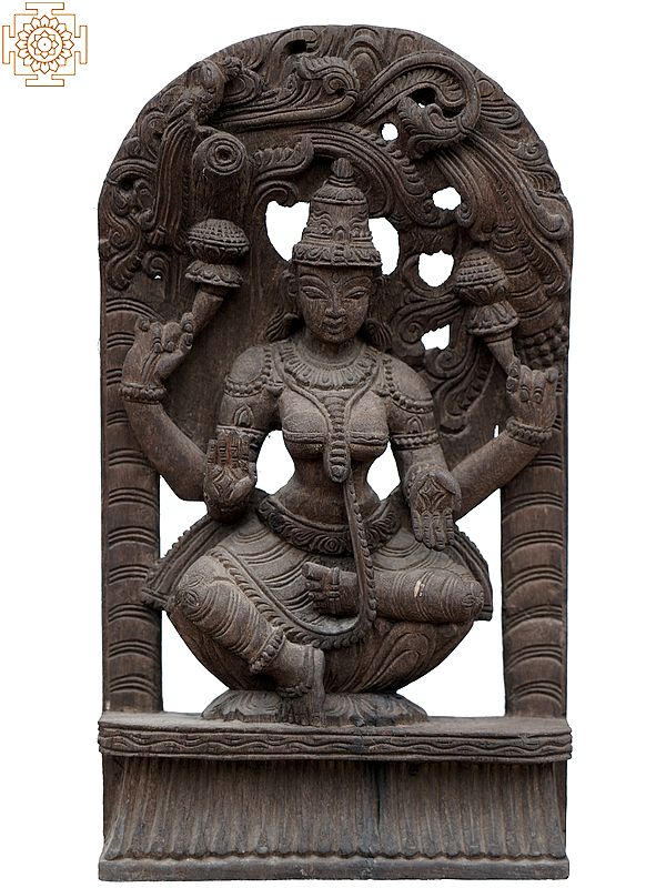 17" Goddess Lakshmi Wooden Statue on Lotus