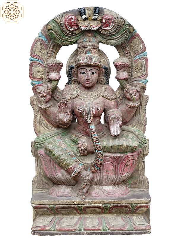 18" Maa Lakshmi Idol on Lotus | Wooden Statue of Hindu Goddess