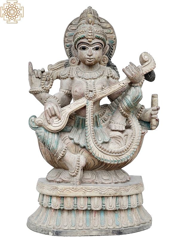 20" Goddess Saraswati Wooden Statue Playing Sitar on Lotus