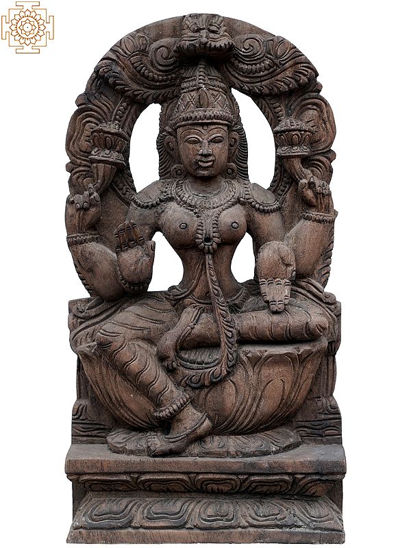 18" Wooden Statue of Goddess Lakshmi Seated on Lotus