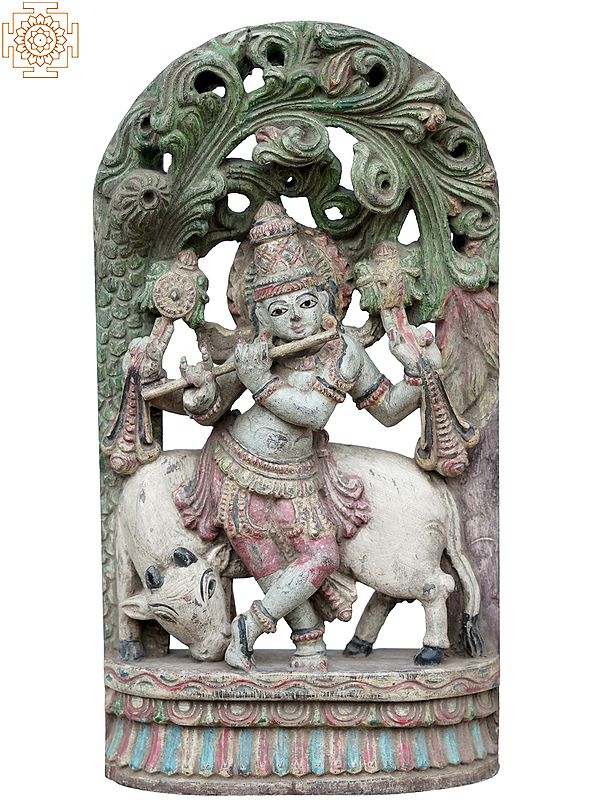 18" Lord Venugopal Krishna Idol Playing Flute | Hindu God Wooden Statues