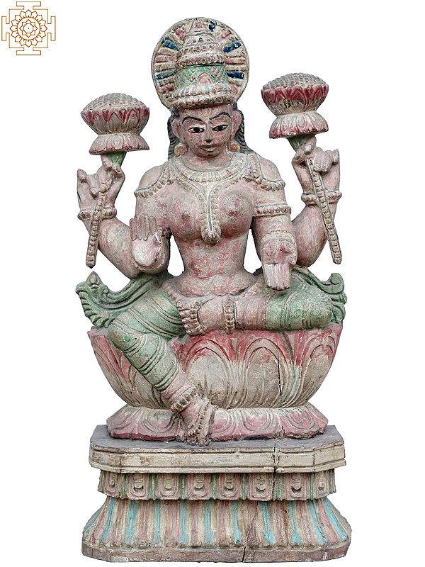 18" Maa Lakshmi Wooden Idol on Lotus | Statues of Hindu Deities
