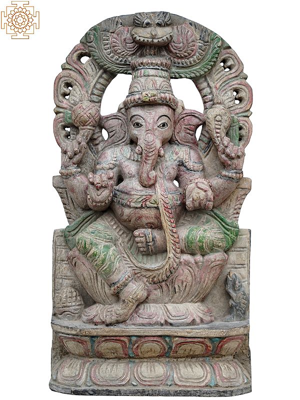 18" Standing Ganesha Mooshak Worship Wooden Statue