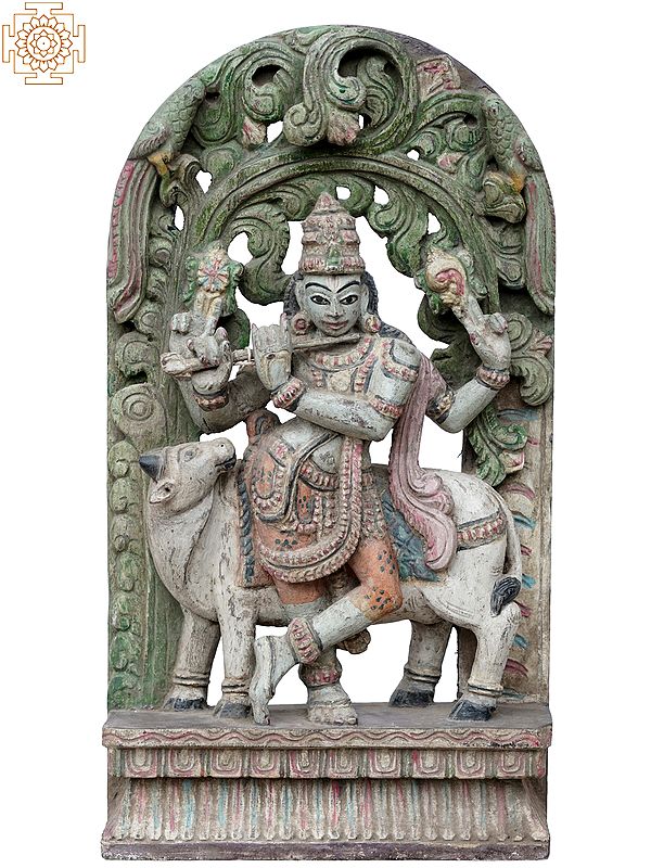 18" Venugopal Krishna Wooden Statue Playing Flute