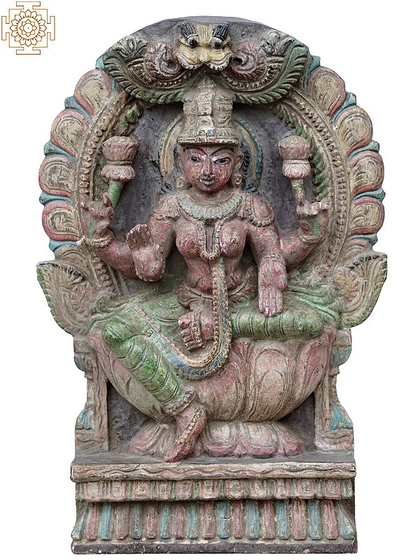 18" Wooden Goddess Lakshmi Statue Seated on Louts Throne