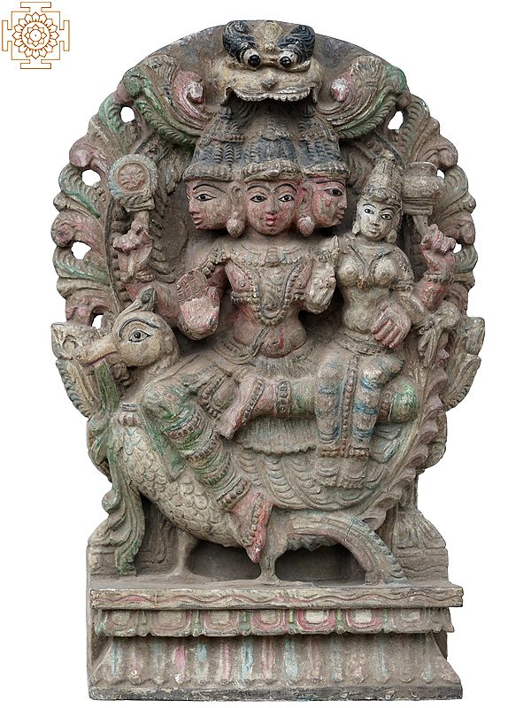 18" Lord Brahma with Goddess Saraswati Idol on Swan | Wooden Statue