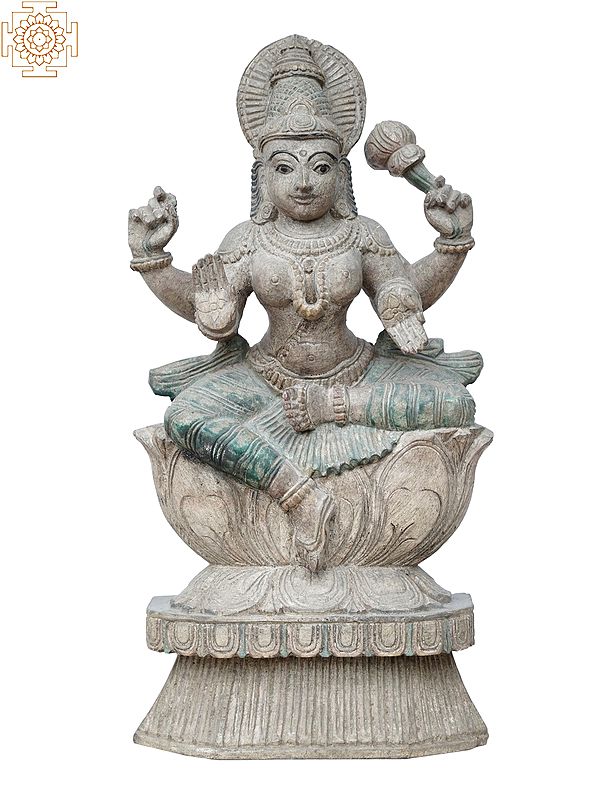 18" Goddess Lakshmi Wooden Statue on Lotus Throne | Idols of Hindu Deities