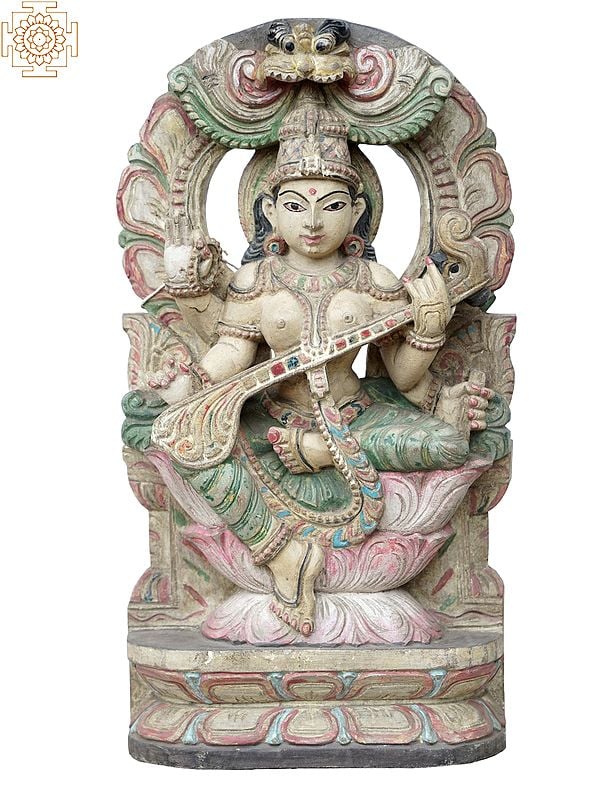 18" Goddess Saraswati Wooden Idol Playing Sitar | Statues of Hindu Deities