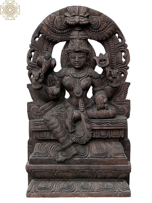 18" Goddess Mariamman Wooden Idol on Throne | Statues of Hindu Deities