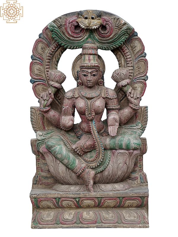 18'' Traditional Coloured Lakshmi Idol Seated | Wooden Statue