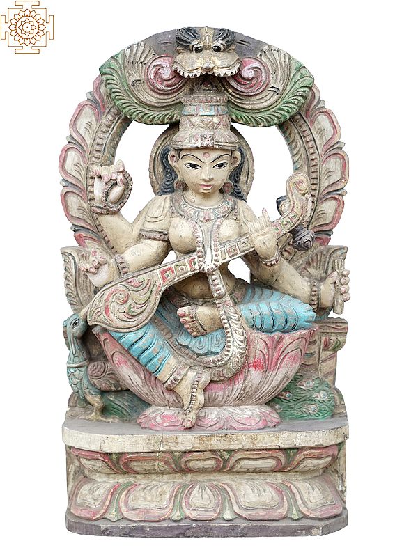 18'' Traditional Coloured Saraswati Idol Playing Sitar | Wooden Statue