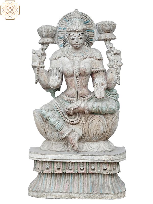 18'' Goddess Lakshmi Carrying Lotus Seated on Pedestal | Wooden Statue