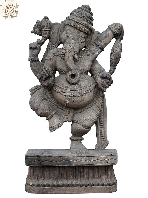 20'' Lord Ganesha Dancing on Pedestal | Wooden Statue