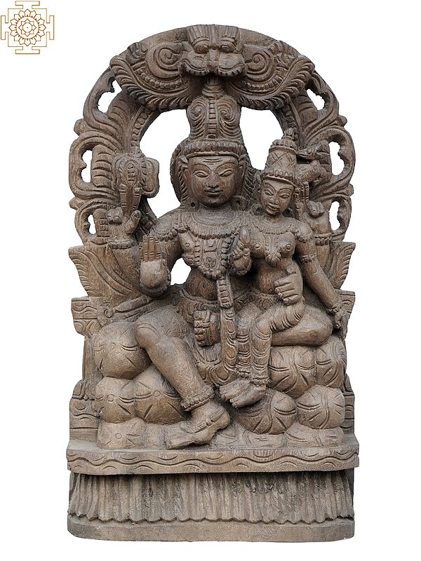 18'' Shiva Parvati Idol Seated Together on Throne | Wooden Statue