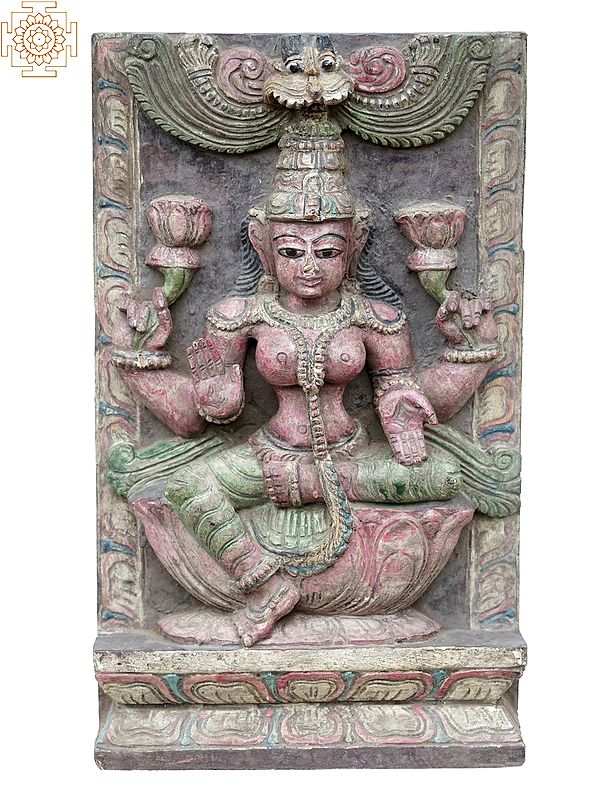 18'' Pink Coloured Lakshmi Idol Seated on Throne | Wooden Statue