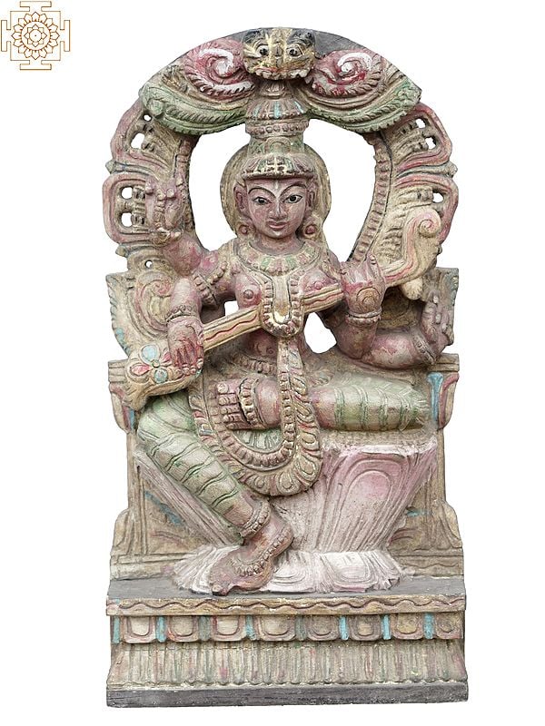 18'' Colorful Goddess Saraswati Idol Playing Sitar | Wooden Statue