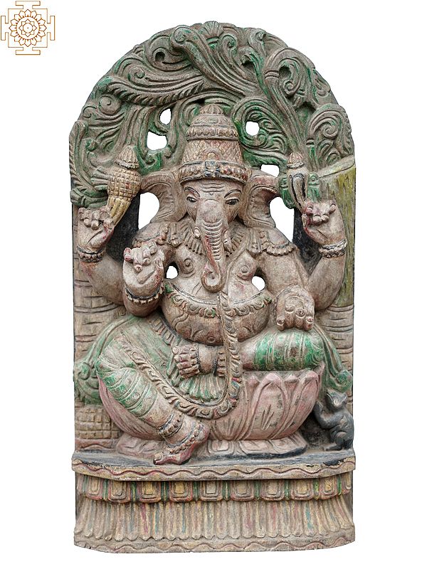18'' Colourful Lord Ganesha Idol Seated on Lotus | Wooden Statue