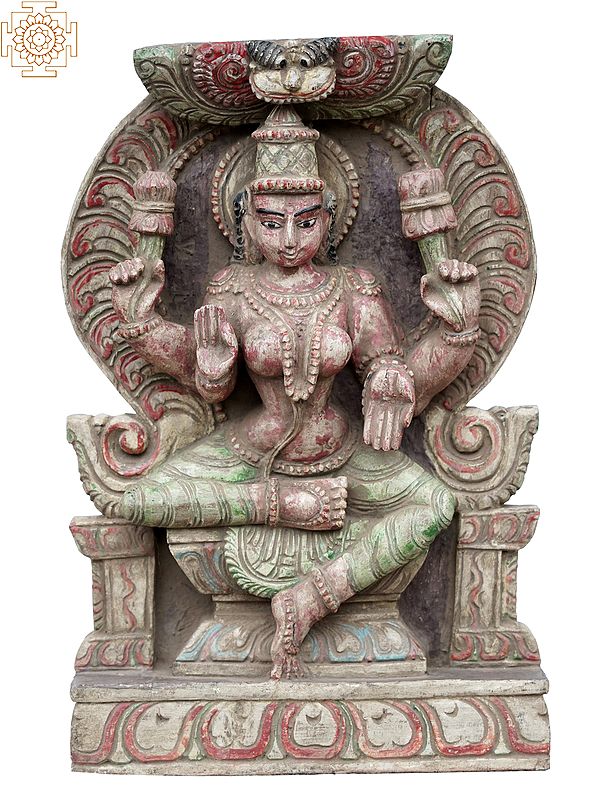 18'' Goddess Lakshmi Seated On Yali Throne | Wooden Statue