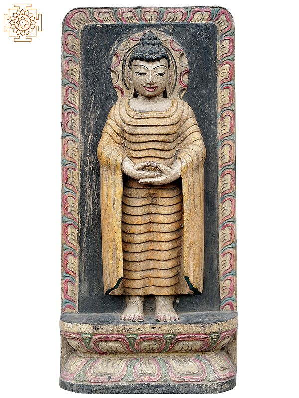 18'' Gautama Buddha Idol Standing in Dhyana Mudra | Wooden Statue