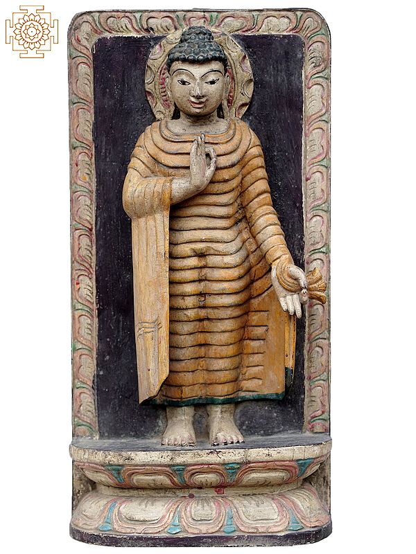 18'' Lord Buddha Idol Standing in Vitarka Mudra | Wooden Statue