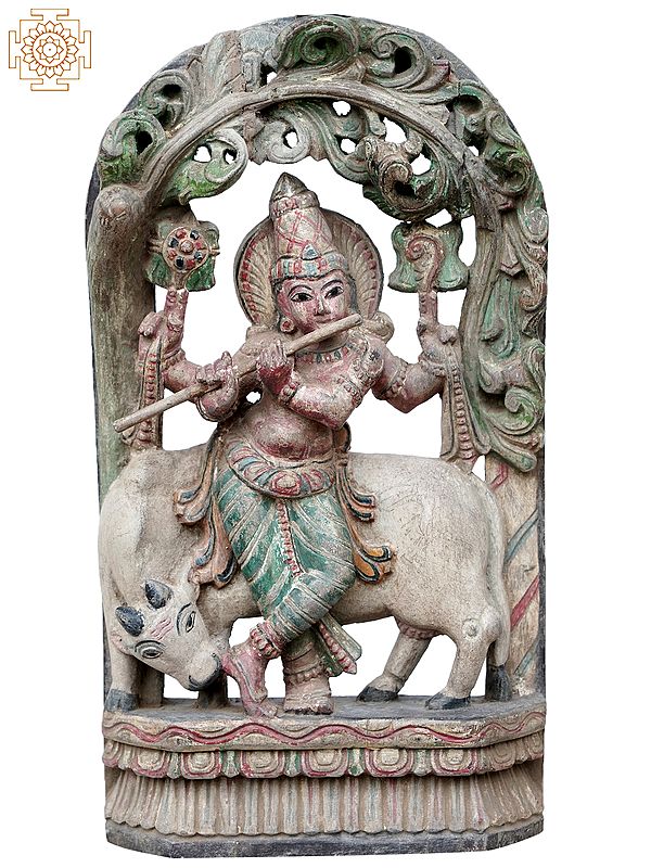 18'' Venugopal Krishna Idol Playing Flute with Cow | Wooden Statue