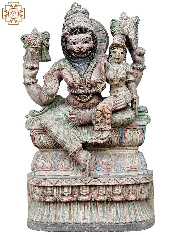 18'' Colorful Hindu Deities Lakshmi Narasimha Seated | Wooden Statue