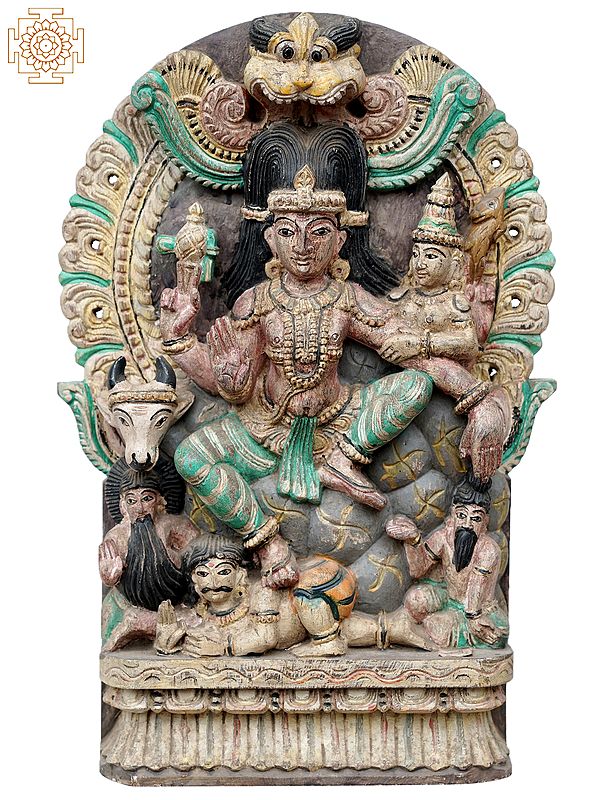 18'' Hindu Rishabarudar (Lord Shiva) Idol with Parvati | Wooden Statue