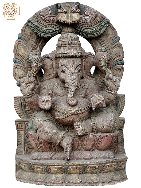 18'' Traditional Coloured Ganesha Seated | Wooden Statue