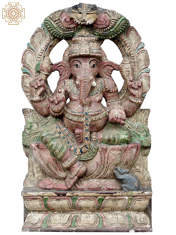 18'' Colourful Ganesha Seated on Lotus | Wooden Statue