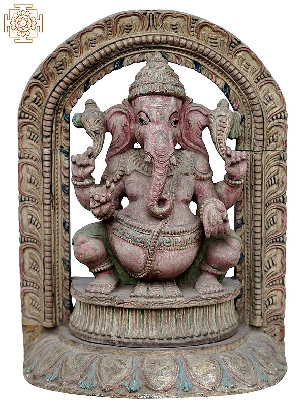 24'' Lord Ganesha Seated On Pedestal With Arch | Wooden Statue